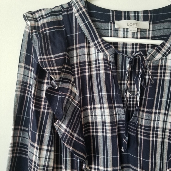 LOFT Plaid Ruffle V Neck Swing Dress Size XS - Picture 12 of 15